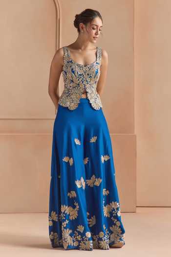 Buy_Osaa By Adarsh_Blue Silk Scoop Neck Embroidered Top And Gharara Set _at_Aza_Fashions