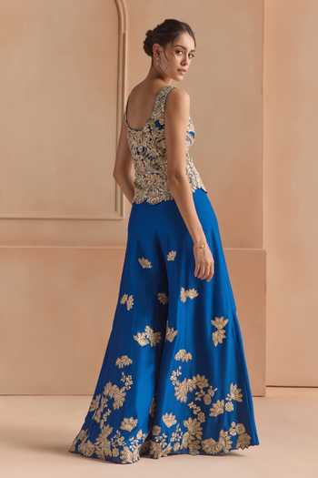 Osaa By Adarsh_Blue Silk Scoop Neck Embroidered Top And Gharara Set _Online_at_Aza_Fashions