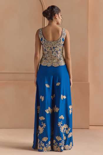 Shop_Osaa By Adarsh_Blue Silk Scoop Neck Embroidered Top And Gharara Set _at_Aza_Fashions