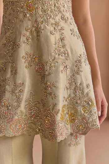 Osaa By Adarsh_Beige Silk, Tissue Plunge Neck Embroidered Jacket And Pant Set _Online_at_Aza_Fashions