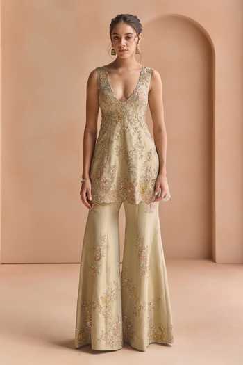 Buy_Osaa By Adarsh_Beige Silk, Tissue Plunge Neck Embroidered Jacket And Pant Set _at_Aza_Fashions
