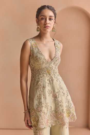 Shop_Osaa By Adarsh_Beige Silk, Tissue Plunge Neck Embroidered Jacket And Pant Set _Online_at_Aza_Fashions