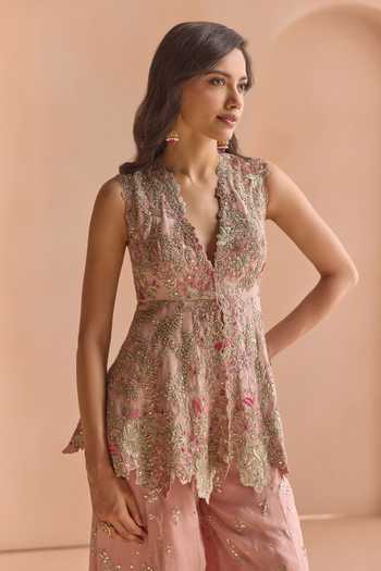 Osaa By Adarsh_Pink Organza V-neck Embroidered Jacket And Gharara Set _Online_at_Aza_Fashions