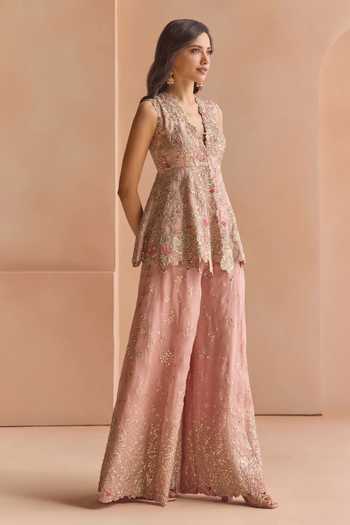 Buy_Osaa By Adarsh_Pink Organza V-neck Embroidered Jacket And Gharara Set _Online_at_Aza_Fashions