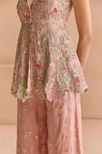 Shop_Osaa By Adarsh_Pink Organza V-neck Embroidered Jacket And Gharara Set _Online_at_Aza_Fashions