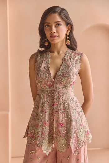 Osaa By Adarsh_Pink Organza V-neck Embroidered Jacket And Gharara Set _at_Aza_Fashions