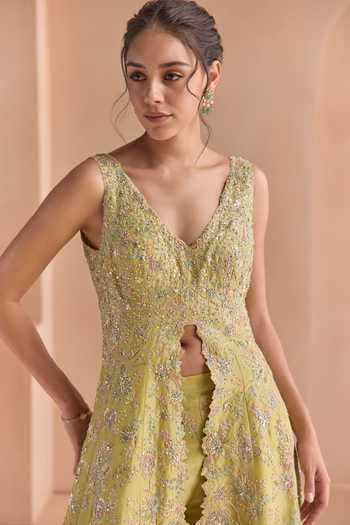Buy_Osaa By Adarsh_Yellow Silk, Tissue V-neck Embroidered Jacket Skirt Set _Online_at_Aza_Fashions