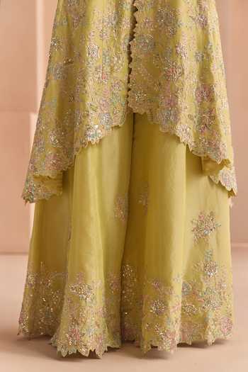 Shop_Osaa By Adarsh_Yellow Silk, Tissue V-neck Embroidered Jacket Skirt Set _Online_at_Aza_Fashions