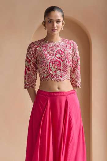 Osaa By Adarsh_Pink Silk Round Neck Scarlet Embellished Top And Skirt Set _Online_at_Aza_Fashions