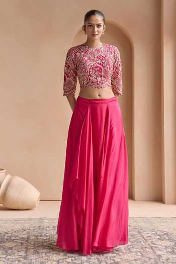 Buy_Osaa By Adarsh_Pink Silk Round Neck Scarlet Embellished Top And Skirt Set _at_Aza_Fashions