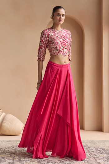 Buy_Osaa By Adarsh_Pink Silk Round Neck Scarlet Embellished Top And Skirt Set _Online_at_Aza_Fashions