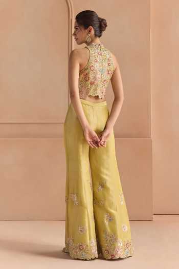 Shop_Osaa By Adarsh_Yellow Silk, Tissue Halter , High Embroidered Blouse And Pant Set _at_Aza_Fashions