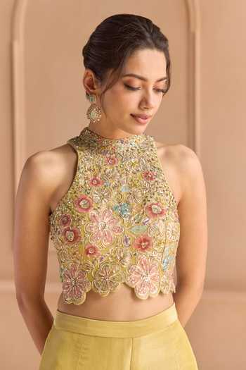 Osaa By Adarsh_Yellow Silk, Tissue Halter , High Embroidered Blouse And Pant Set _Online_at_Aza_Fashions