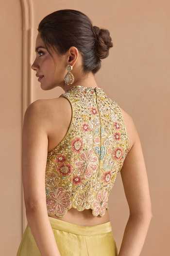 Buy_Osaa By Adarsh_Yellow Silk, Tissue Halter , High Embroidered Blouse And Pant Set _Online_at_Aza_Fashions