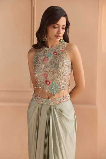 Osaa By Adarsh_Blue Silk, Tissue Halter Neck Floral Motif Top And Skirt Set _Online_at_Aza_Fashions