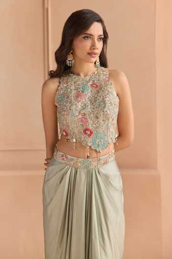 Buy_Osaa By Adarsh_Blue Silk, Tissue Halter Neck Floral Motif Top And Skirt Set _Online_at_Aza_Fashions