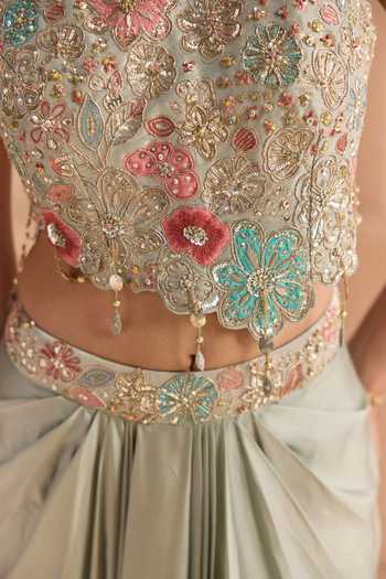 Shop_Osaa By Adarsh_Blue Silk, Tissue Halter Neck Floral Motif Top And Skirt Set _Online_at_Aza_Fashions