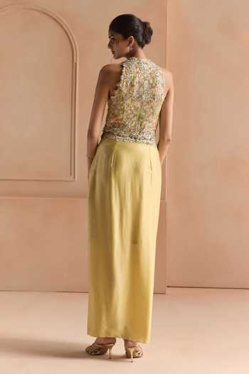 Shop_Osaa By Adarsh_Yellow Tissue, Silk V-neck Embroidered Top And Skirt Set _at_Aza_Fashions