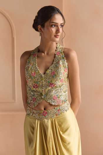 Osaa By Adarsh_Yellow Tissue, Silk V-neck Embroidered Top And Skirt Set _Online_at_Aza_Fashions