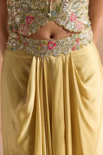 Buy_Osaa By Adarsh_Yellow Tissue, Silk V-neck Embroidered Top And Skirt Set _Online_at_Aza_Fashions
