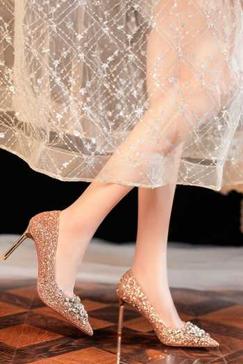 Shop_Ozzaro_Rose Gold Maharani Stone Studded Heels _at_Aza_Fashions