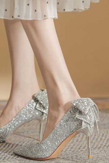 Ozzaro_Silver Anmol Rhinestone Studded Bow Stilletos _at_Aza_Fashions