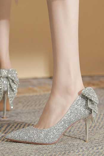 Buy_Ozzaro_Silver Anmol Rhinestone Studded Bow Stilletos _at_Aza_Fashions