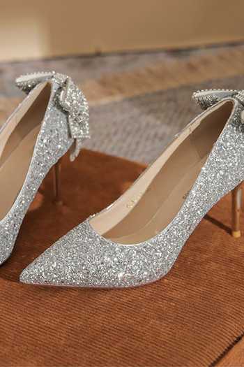 Ozzaro_Silver Anmol Rhinestone Studded Bow Stilletos 