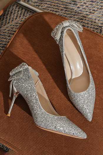 Shop_Ozzaro_Silver Anmol Rhinestone Studded Bow Stilletos _at_Aza_Fashions