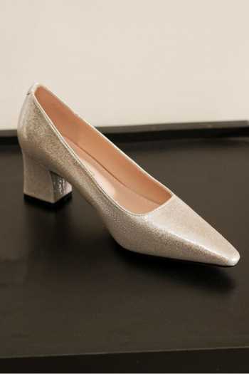 Ozzaro_Gold Andaaz Pu Leather Pointed Toe Block Heels _at_Aza_Fashions