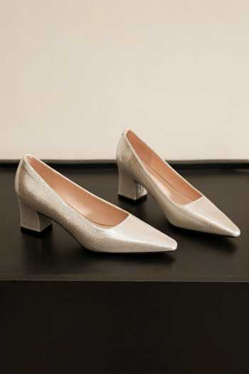 Shop_Ozzaro_Gold Andaaz Pu Leather Pointed Toe Block Heels _at_Aza_Fashions