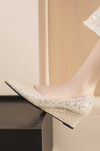 Ozzaro_Gold Shubh Glitter Wedges _at_Aza_Fashions