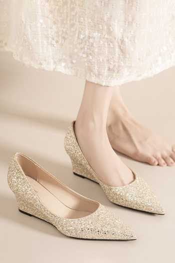 Ozzaro_Gold Shubh Glitter Wedges _Online