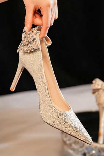 Ozzaro_Gold Rajkumari Rhinestone Studded Glitter Heels _at_Aza_Fashions