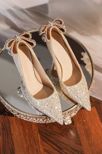 Shop_Ozzaro_Gold Rajkumari Rhinestone Studded Glitter Heels _at_Aza_Fashions