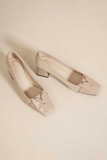 Ozzaro_Beige Pure Poise Textured Pattern Heels _Online