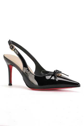 Shop_Ozzaro_Black Glossed Edge Bow Embellished Heels _Online_at_Aza_Fashions