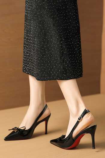 Shop_Ozzaro_Black Glossed Edge Bow Embellished Heels _Online