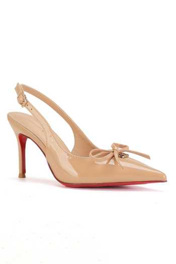 Buy_Ozzaro_Beige Glossed Edge Bow Accent Heels _Online_at_Aza_Fashions