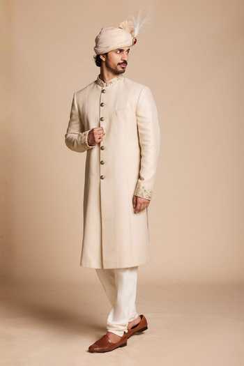Gargee Designers_Gold Viscose, Jacquard Classic Embroidered Sherwani Set _Online_at_Aza_Fashions