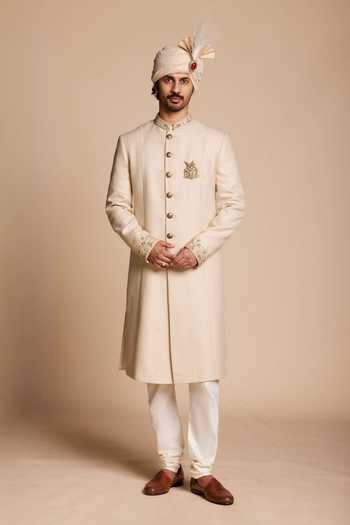 Buy_Gargee Designers_Gold Viscose, Jacquard Classic Embroidered Sherwani Set _at_Aza_Fashions
