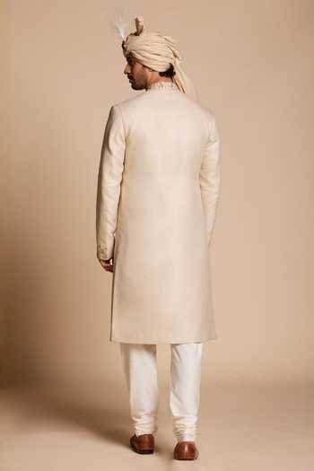 Shop_Gargee Designers_Gold Viscose, Jacquard Classic Embroidered Sherwani Set _at_Aza_Fashions