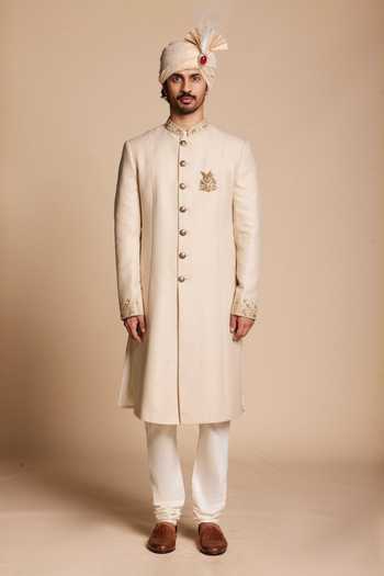 Buy_Gargee Designers_Gold Viscose, Jacquard Classic Embroidered Sherwani Set _Online_at_Aza_Fashions