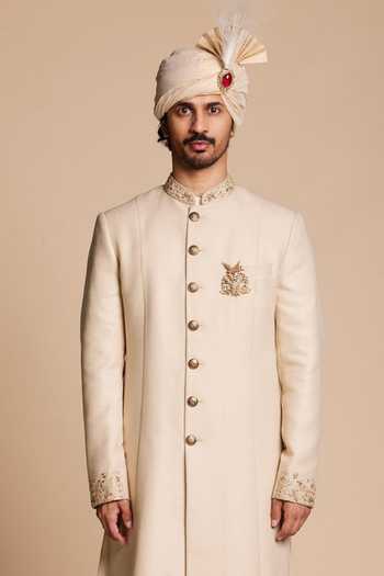 Gargee Designers_Gold Viscose, Jacquard Classic Embroidered Sherwani Set _at_Aza_Fashions