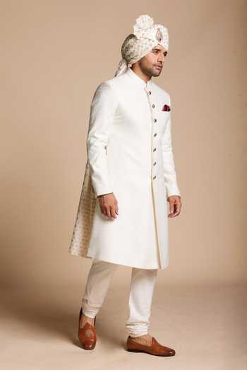 Buy_Gargee Designers_Ivory Silk, Cotton Jacquard Woven Sherwani Set _Online_at_Aza_Fashions