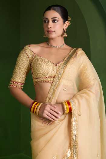 Shop_Saina Kapoor_Beige Organza, Silk Sweetheart Neck Embroidered Saree With Blouse _Online_at_Aza_Fashions