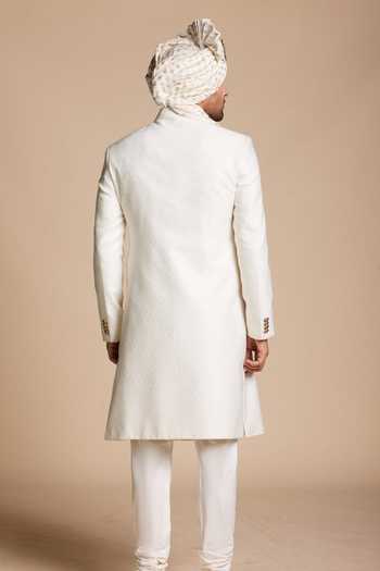 Shop_Gargee Designers_Ivory Silk, Cotton Jacquard Woven Sherwani Set _at_Aza_Fashions
