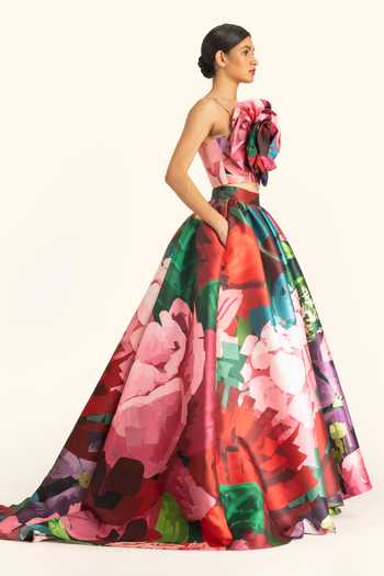 Shop_Gauri & Nainika_Pink Microfiber Embroidery Asymmetric 3d Rose Printed Corset Top _at_Aza_Fashions