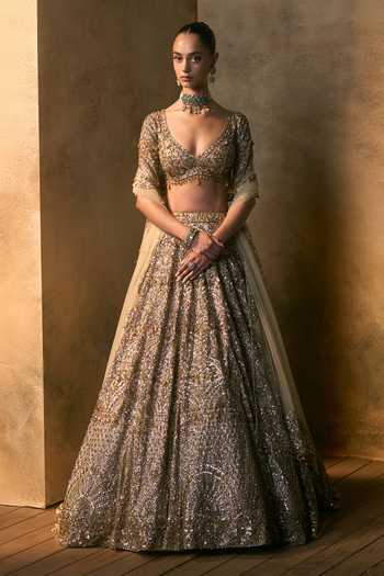 Shop_Angad Singh_Gold Net Sweetheart Neck Solstice Embroidered Bridal Lehenga Set 
