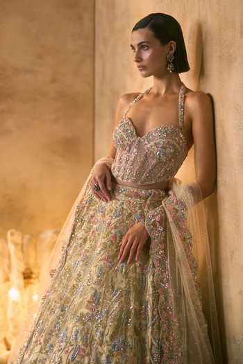 Buy_Angad Singh_Ivory Net Sequins, Beads, Celestia Botanical Embroidered Corset Lehenga Set 